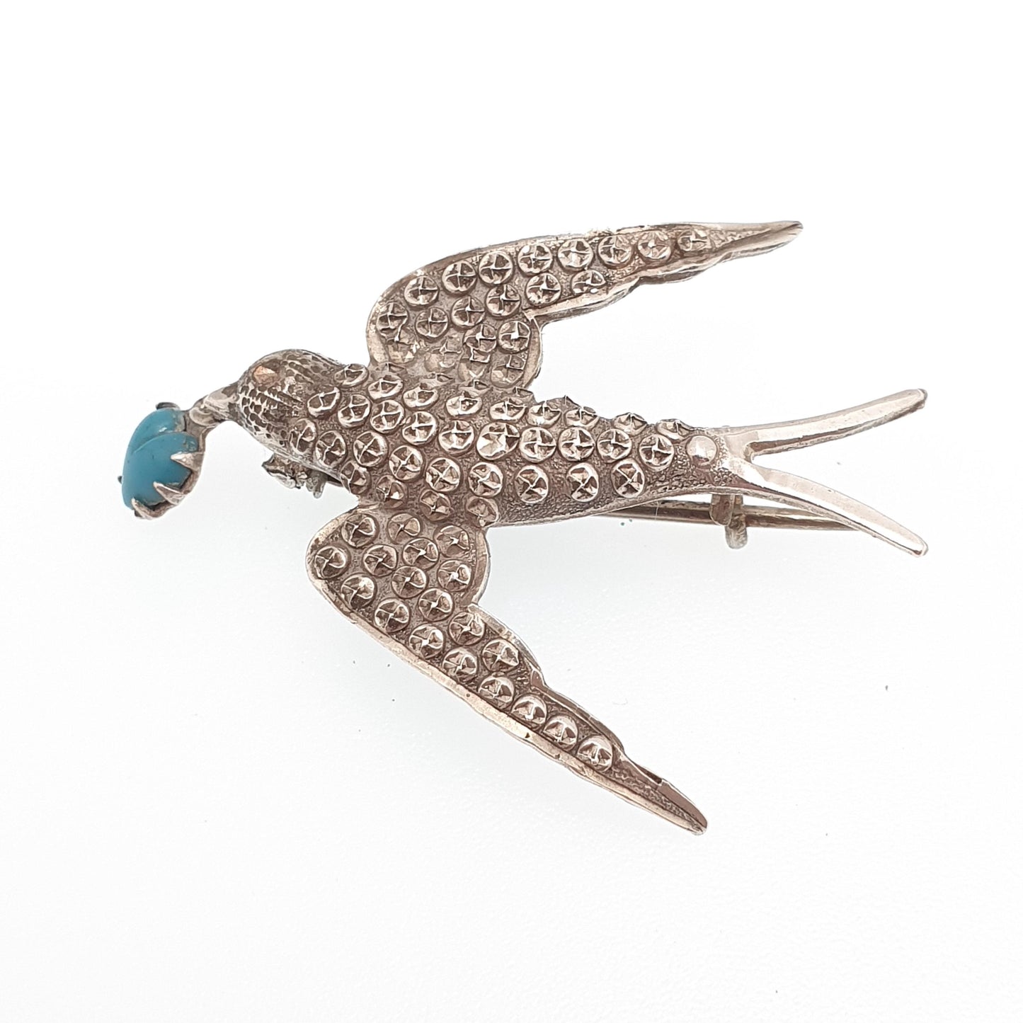 Antique Victorian Solid Silver Swallow Bird Brooch Hanging Heart Faux Turquoise Sweetheart Pastry Cutter Swift Vintage Jewelry Jewellery