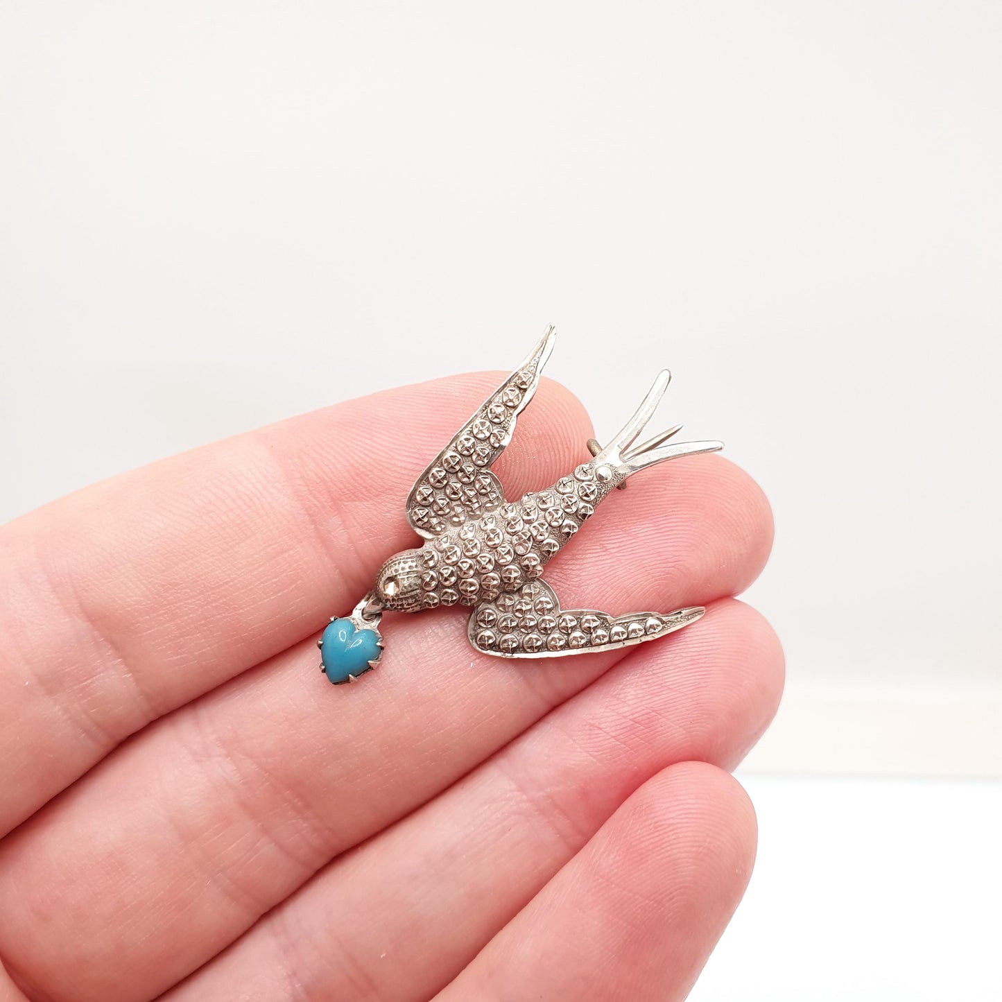 Antique Victorian Solid Silver Swallow Bird Brooch Hanging Heart Faux Turquoise Sweetheart Pastry Cutter Swift Vintage Jewelry Jewellery