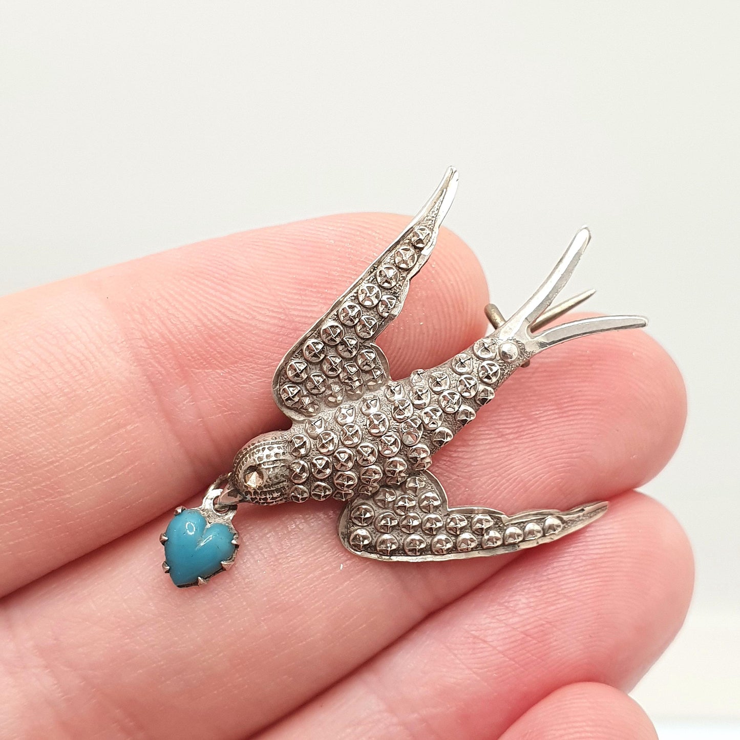 Antique Victorian Solid Silver Swallow Bird Brooch Hanging Heart Faux Turquoise Sweetheart Pastry Cutter Swift Vintage Jewelry Jewellery