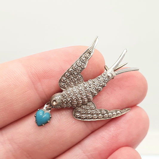 Antique Victorian Solid Silver Swallow Bird Brooch Hanging Heart Faux Turquoise Sweetheart Pastry Cutter Swift Vintage Jewelry Jewellery