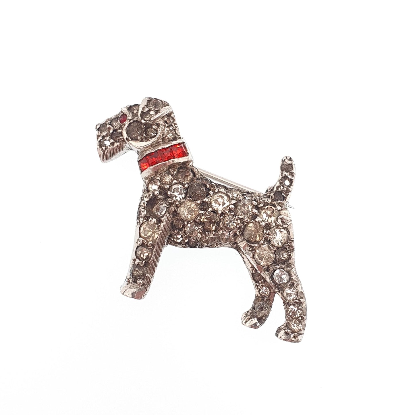 Antique Sterling Silver Scottish Terrier Dog Brooch Pin Diamond Paste & Ruby Pastes Scottie Dog Art Deco Vintage Jewellery Jewelry