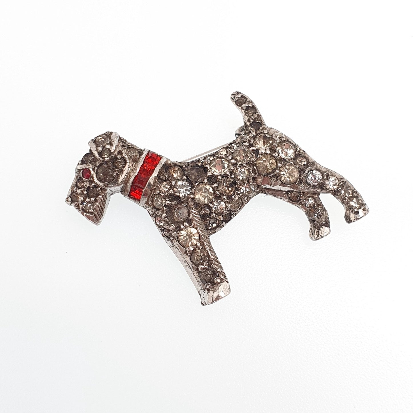 Antique Sterling Silver Scottish Terrier Dog Brooch Pin Diamond Paste & Ruby Pastes Scottie Dog Art Deco Vintage Jewellery Jewelry