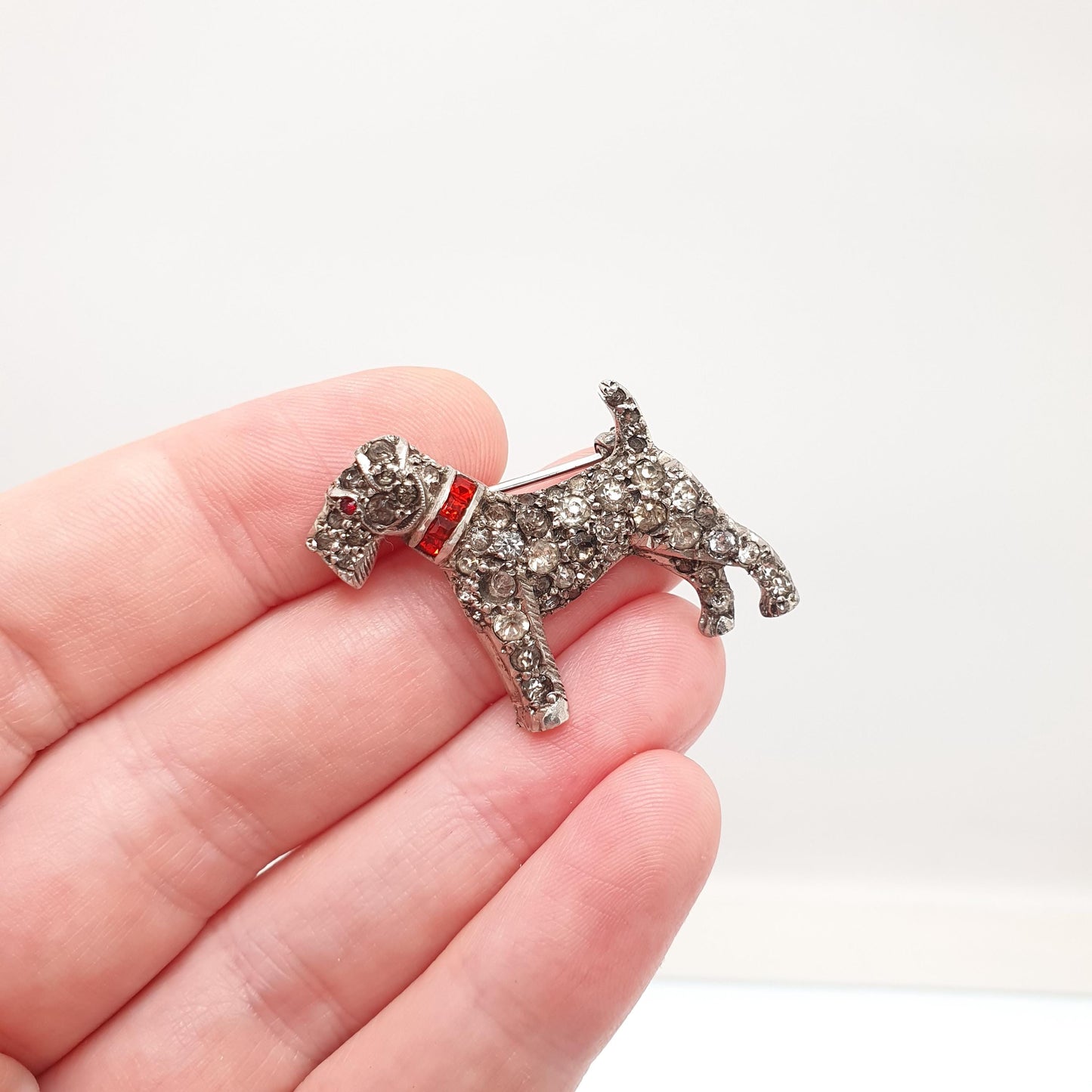 Antique Sterling Silver Scottish Terrier Dog Brooch Pin Diamond Paste & Ruby Pastes Scottie Dog Art Deco Vintage Jewellery Jewelry