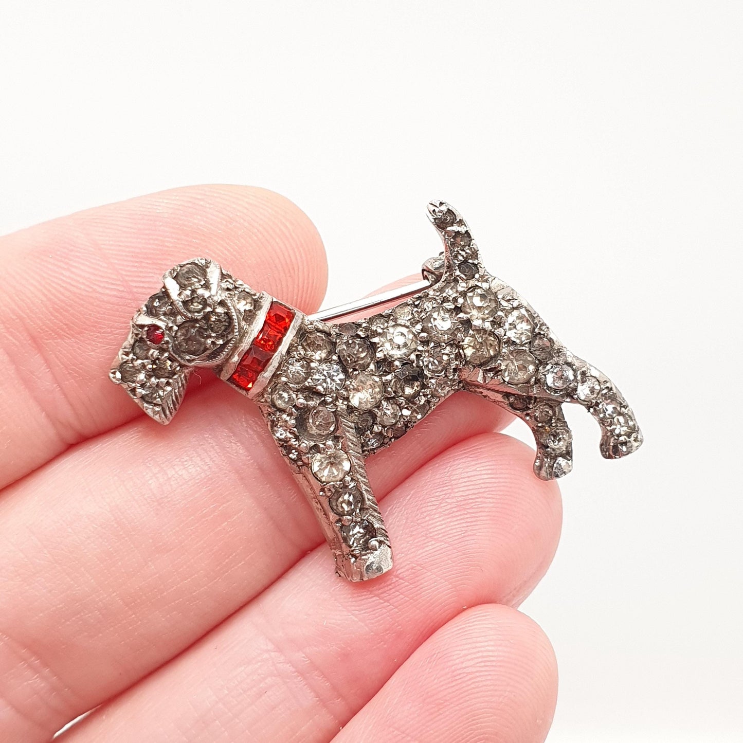 Antique Sterling Silver Scottish Terrier Dog Brooch Pin Diamond Paste & Ruby Pastes Scottie Dog Art Deco Vintage Jewellery Jewelry