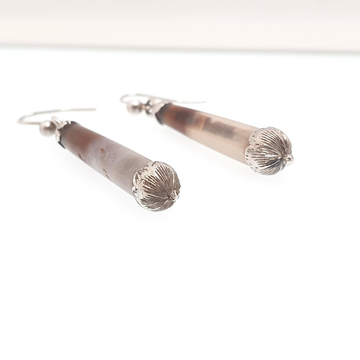 Antique Victorian Solid Silver Agate Earrings Teardrop Conical Genuine Quartz Vintage Hook Dangle Drop Jewelry Jewellery