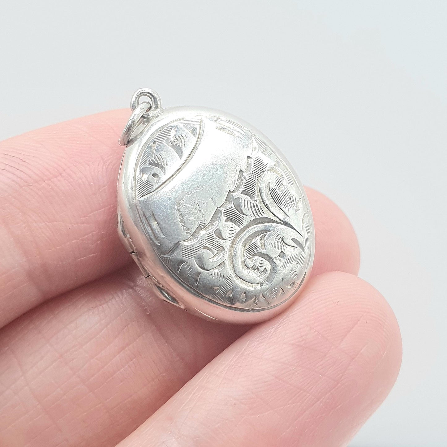 Antique Solid Silver Oval Locket Back and Front Hand Engraved Photo Keepsake Gift Pendant Necklace Womens Unisex Jewelry Jewellery