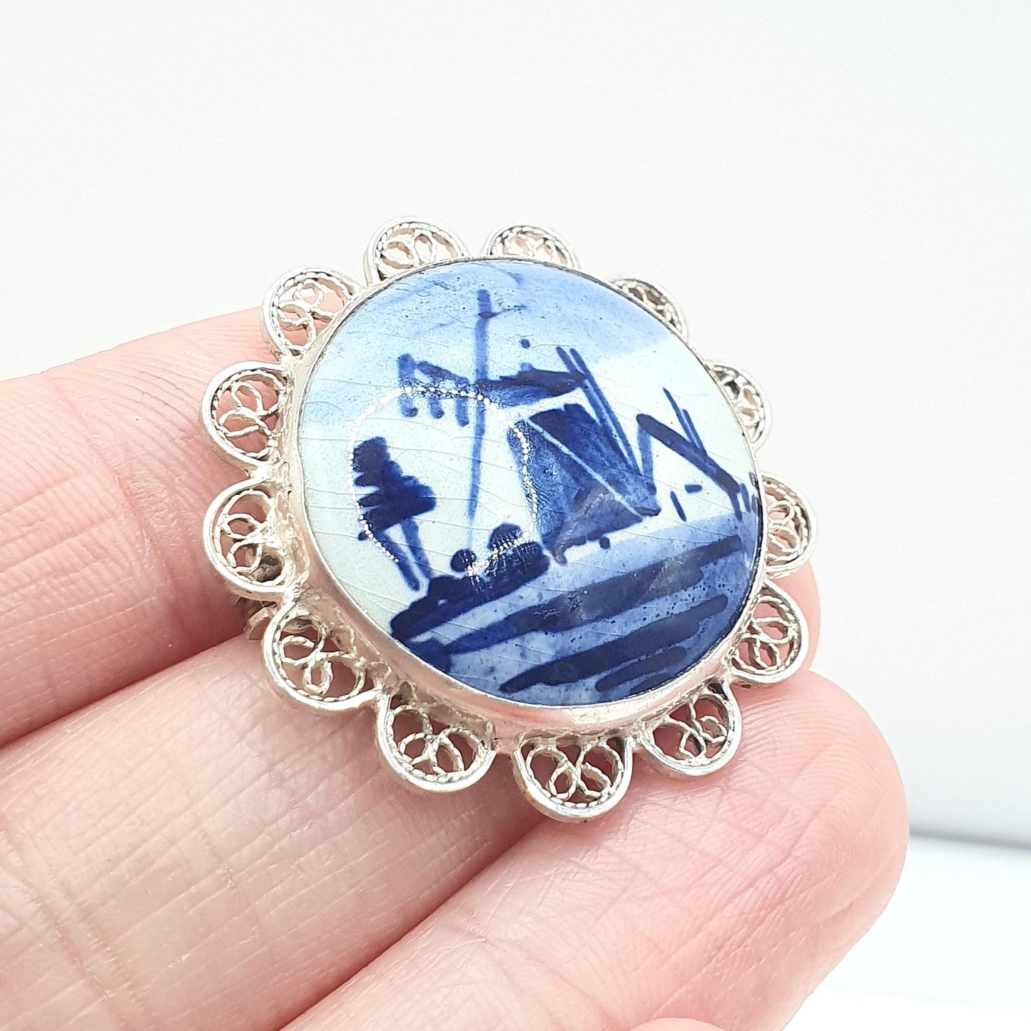 Old Vintage Solid Silver Dutch China Brooch Windmill Filigree Foreign Silver Blue Painted Womens Unisex Jewelry Jewellery