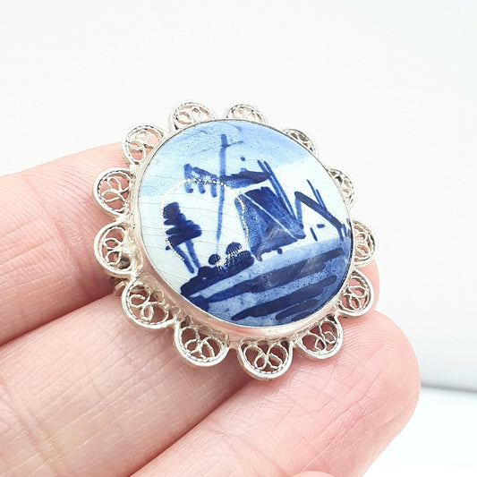 Old Vintage Solid Silver Dutch China Brooch Windmill Filigree Foreign Silver Blue Painted Womens Unisex Jewelry Jewellery