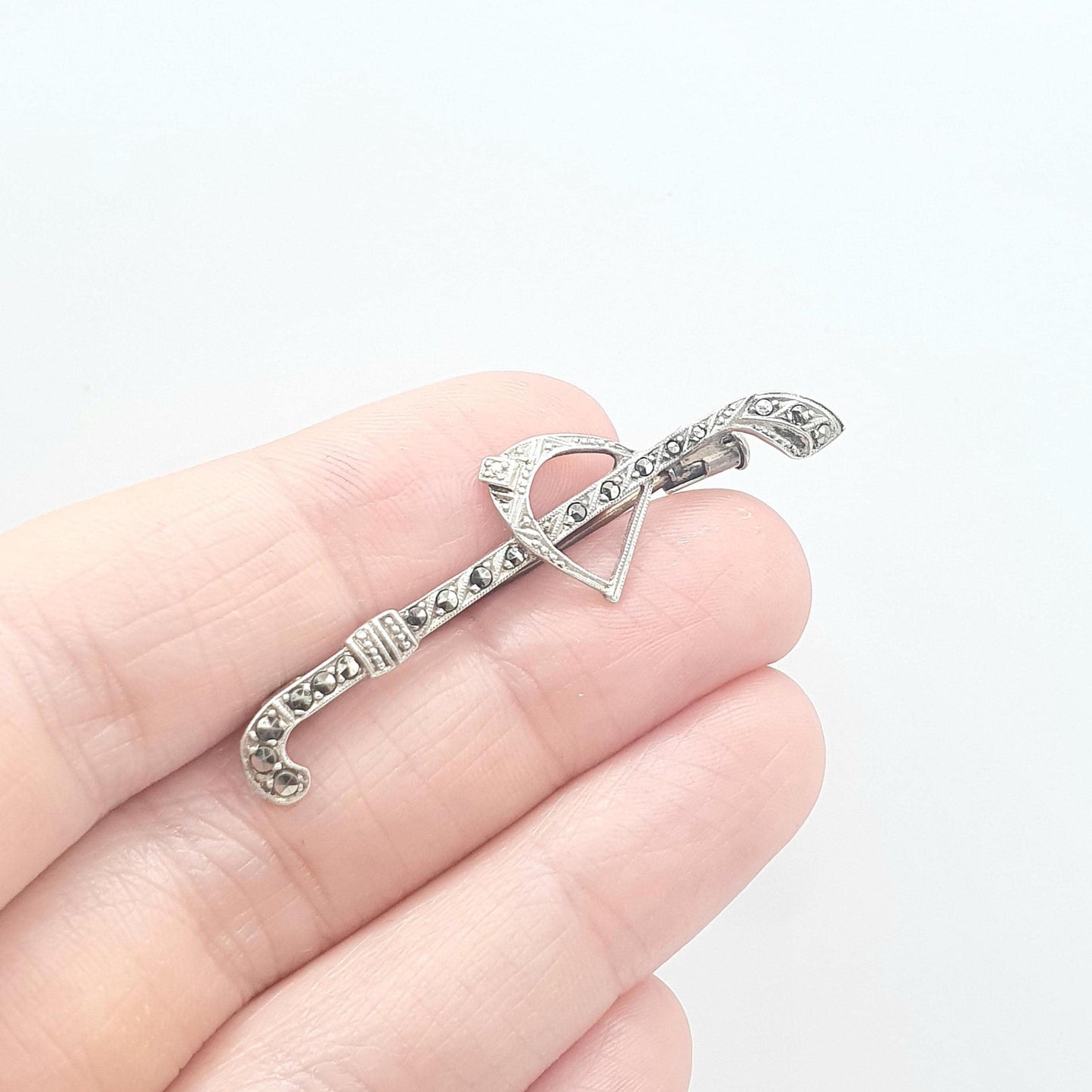 Antique Art Deco Solid Silver Riding Crop & Stirrup Brooch Marcasite Horseriding Equestrian Sport Unisex Womens Jewelry Jewellery