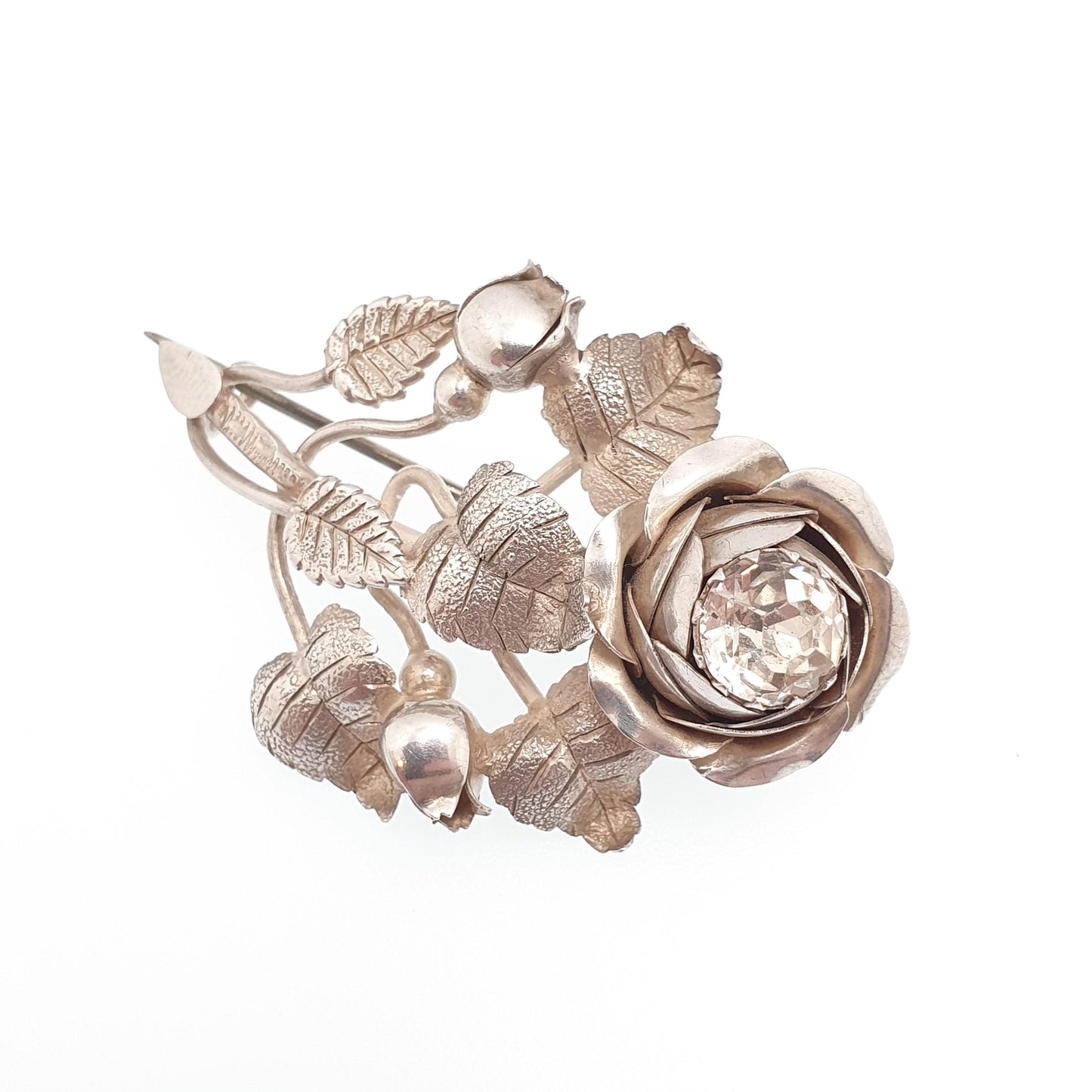 Antique Victorian Diamond Paste Rose Flower Sterling Silver Brooch Pin 1890 Hallmark Fine Sparkly Vintage Floral Womens Jewelry Jewellery