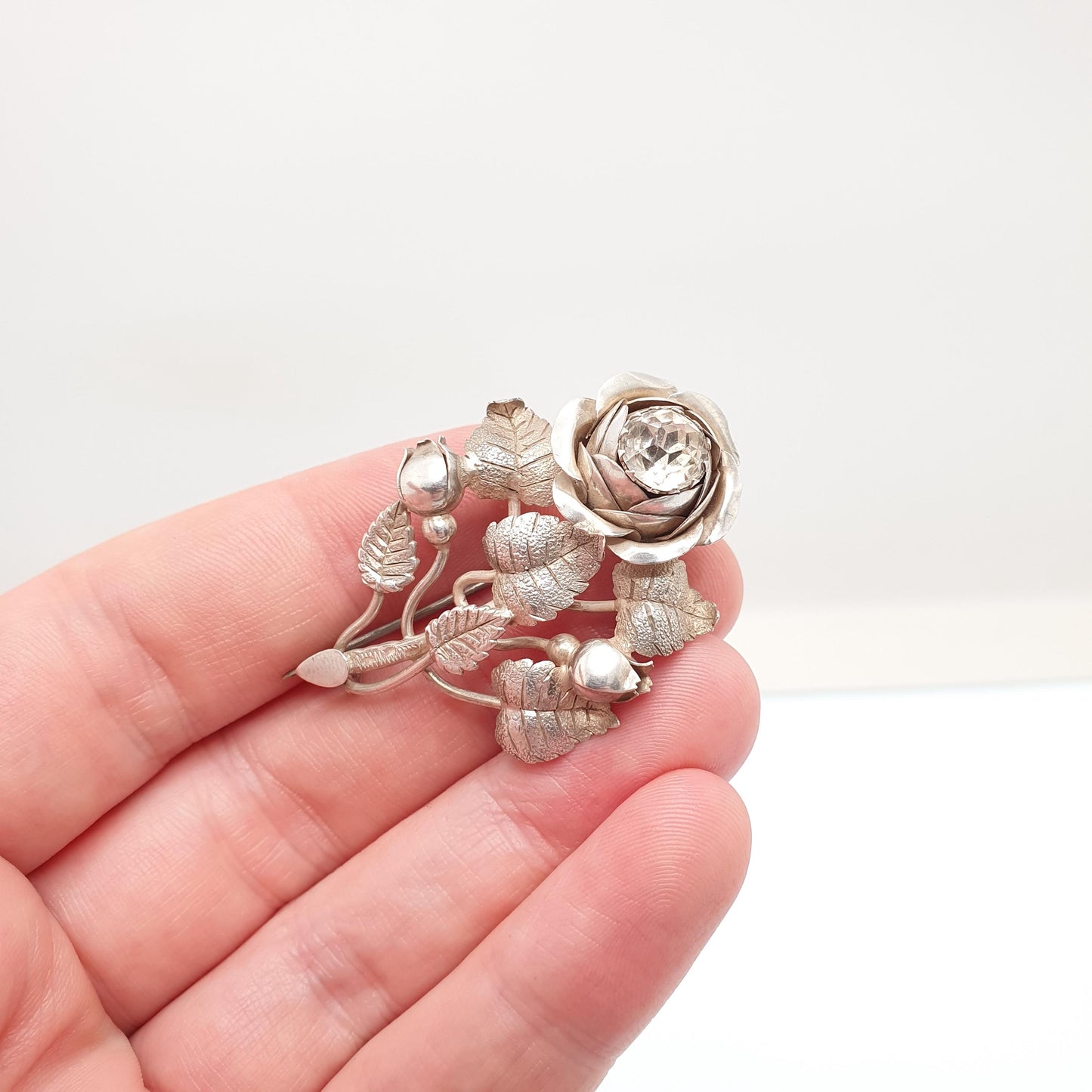 Antique Victorian Diamond Paste Rose Flower Sterling Silver Brooch Pin 1890 Hallmark Fine Sparkly Vintage Floral Womens Jewelry Jewellery
