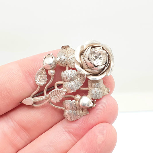 Antique Victorian Diamond Paste Rose Flower Sterling Silver Brooch Pin 1890 Hallmark Fine Sparkly Vintage Floral Womens Jewelry Jewellery