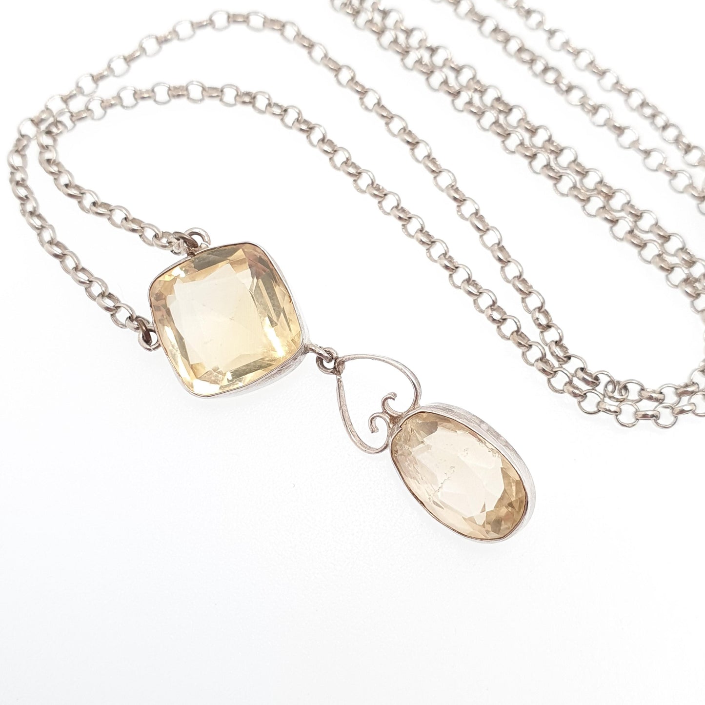 Antique Solid Silver Citrine Pendant Necklace Quartz Gemstone Lavaliere Victorina Art Nouveau Vintage Women Jewelry Jewellery