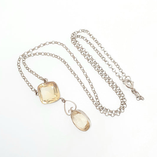 Antique Solid Silver Citrine Pendant Necklace Quartz Gemstone Lavaliere Victorina Art Nouveau Vintage Women Jewelry Jewellery