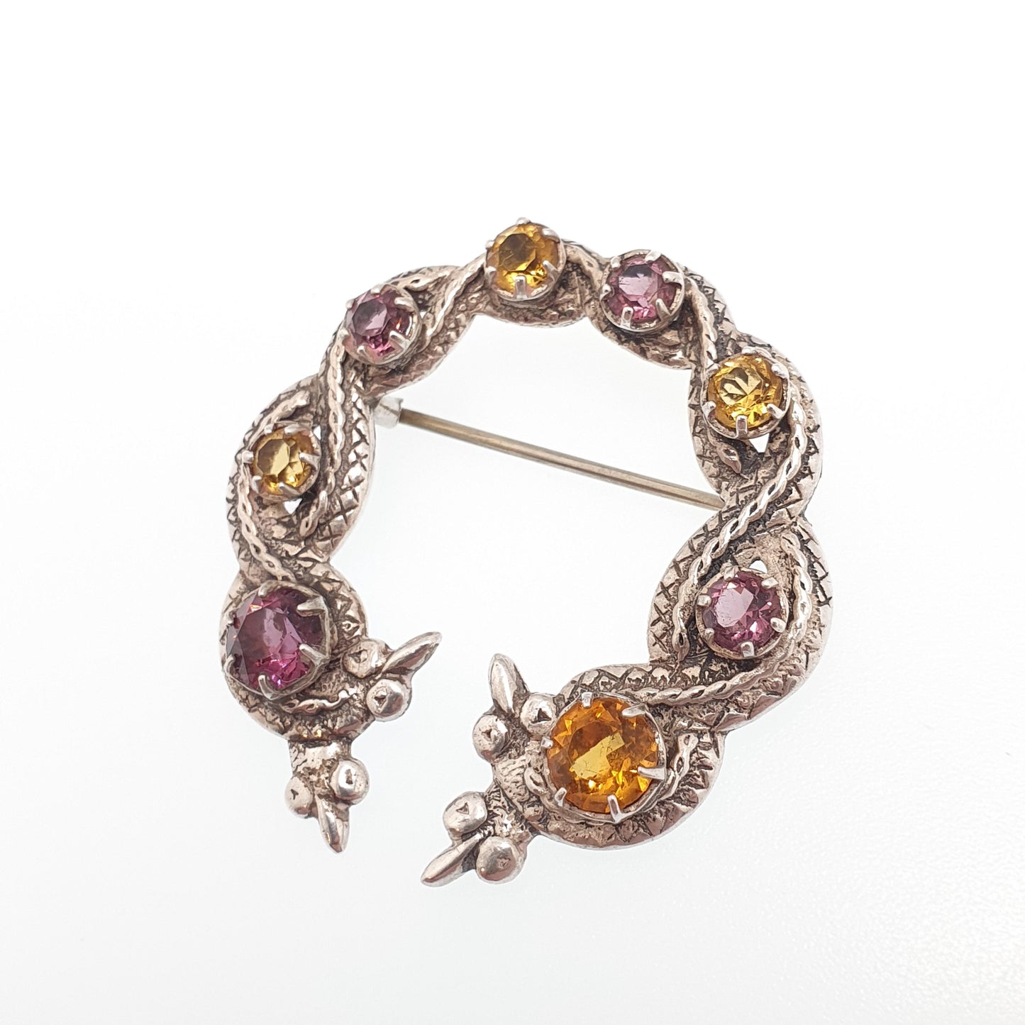 Antique Sterling Silver Scottish Brooch Amethyst Citrine Paste Celtic Knot Pattern Viking Style Jewelry Jewellery