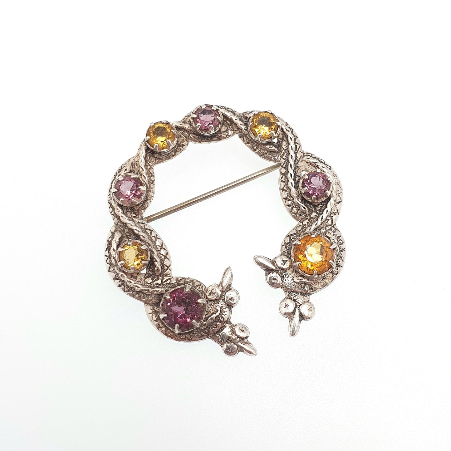 Antique Sterling Silver Scottish Brooch Amethyst Citrine Paste Celtic Knot Pattern Viking Style Jewelry Jewellery