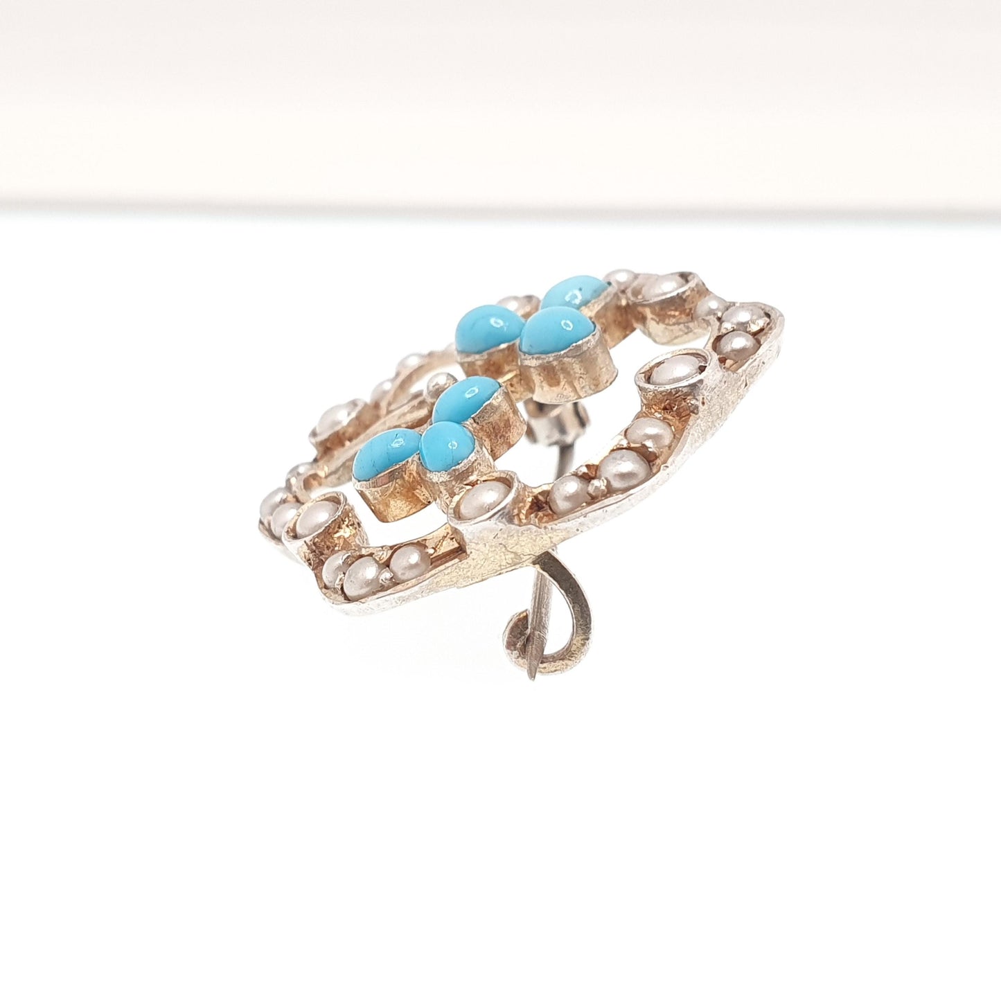 Antique Solid Silver Forget Me Not Brooch Turquoise Glass Faux Seed Pearl Victorian Flower Handmade Vintage Jewelry Jewellery