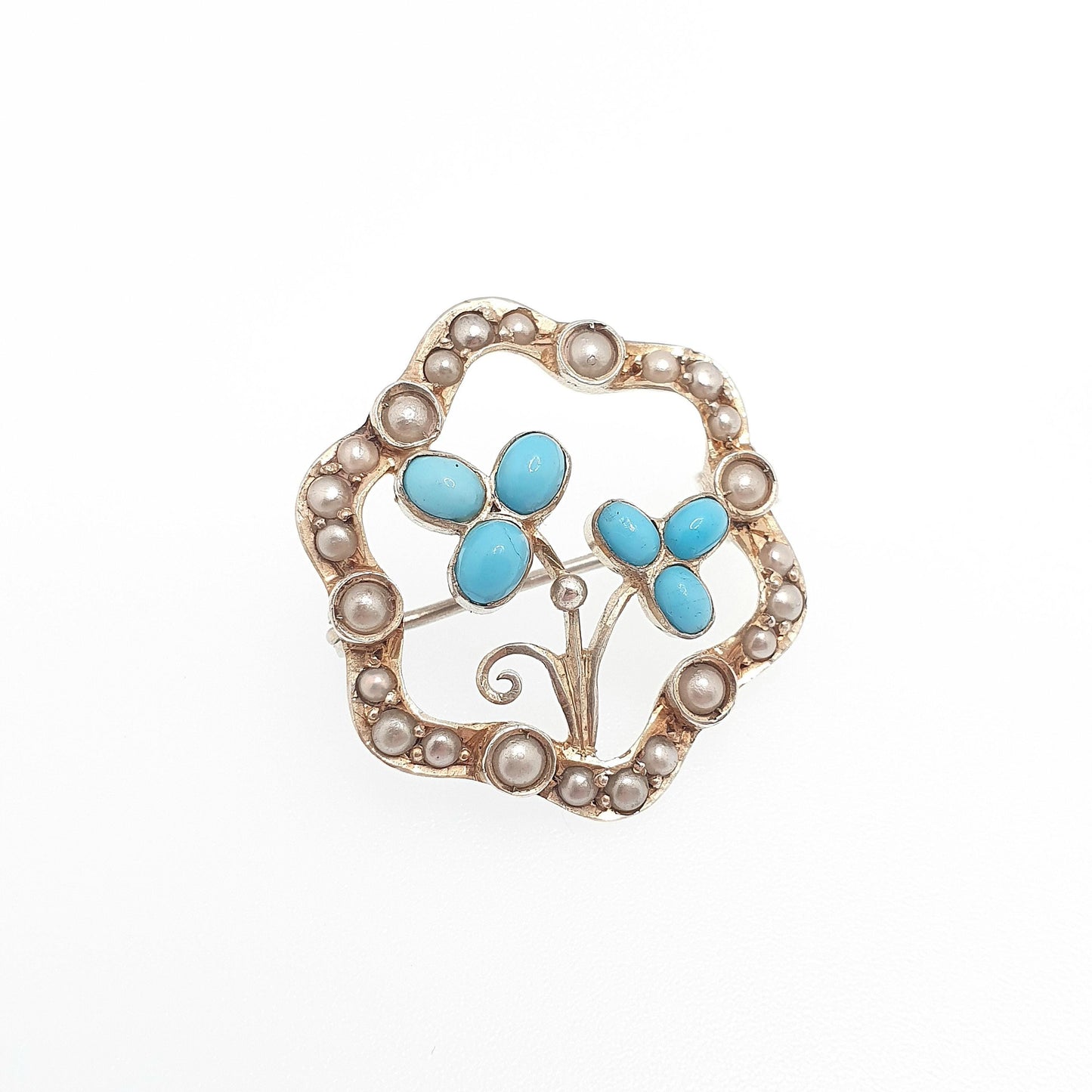 Antique Solid Silver Forget Me Not Brooch Turquoise Glass Faux Seed Pearl Victorian Flower Handmade Vintage Jewelry Jewellery