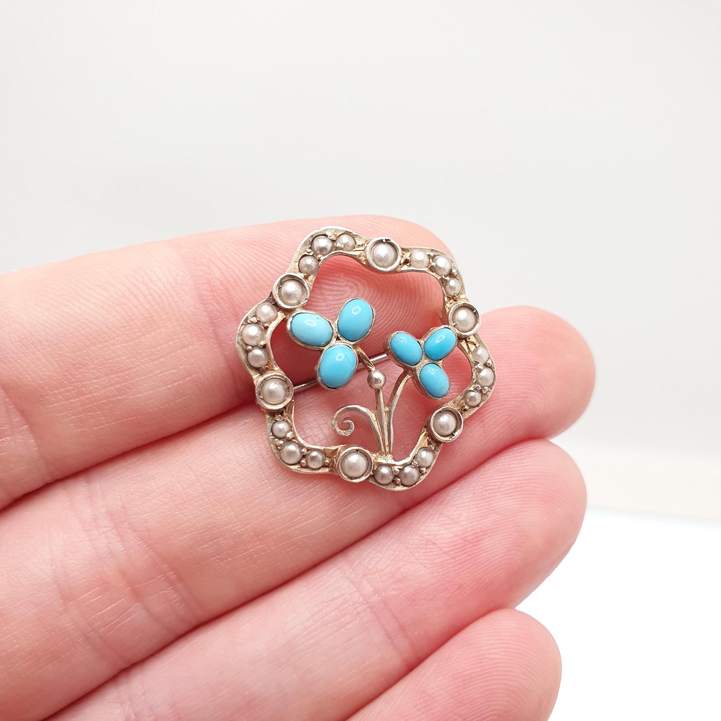 Antique Solid Silver Forget Me Not Brooch Turquoise Glass Faux Seed Pearl Victorian Flower Handmade Vintage Jewelry Jewellery
