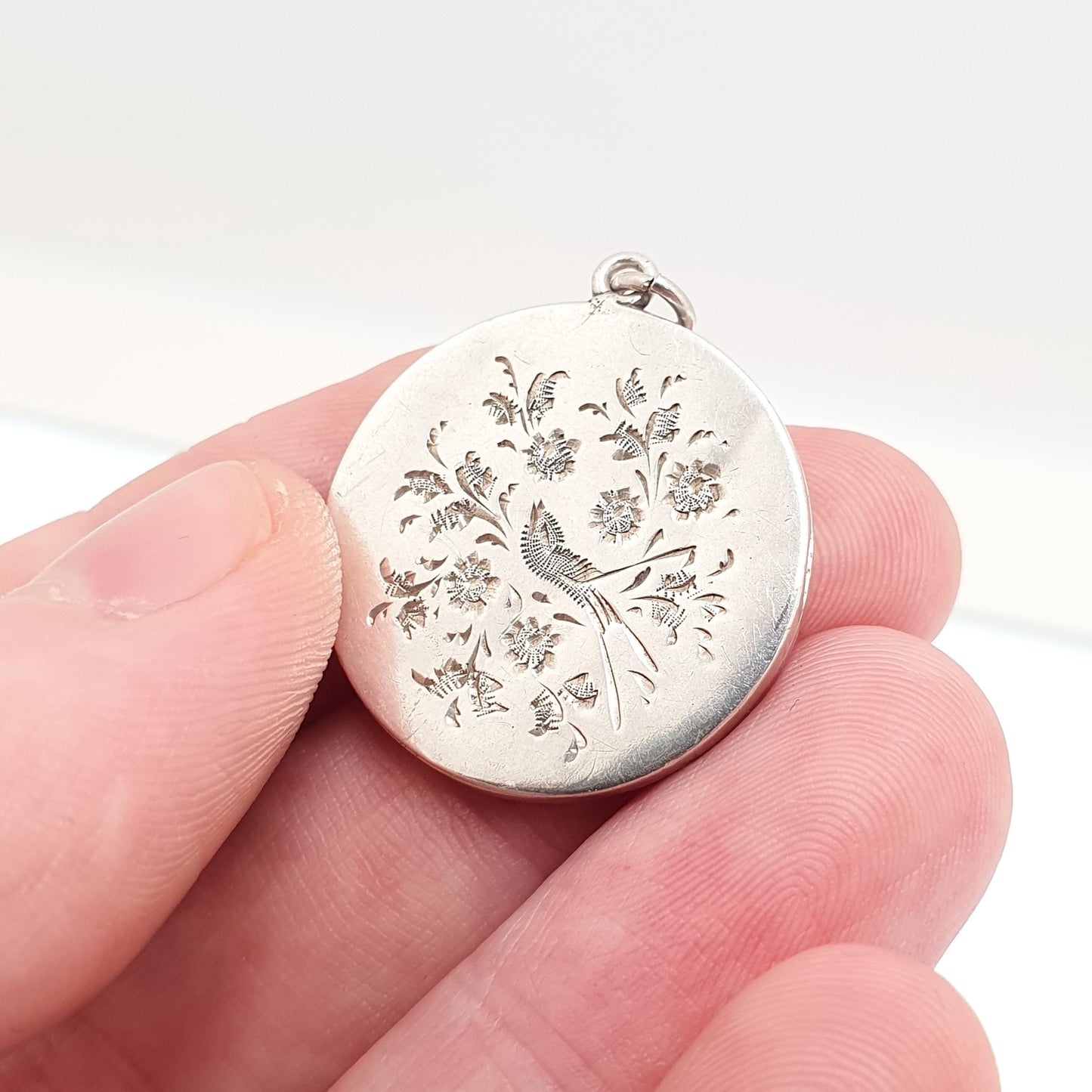 Antique Sterling Silver Bird Locket Round Circle Hand Engraved Necklace Vintage Pendant Picture Photo Jewelry Jewellery