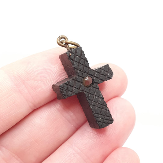 Antique Bog Oak Crucifix Stanhope Pendant Cross Necklace King Edward VII Whitby Jet Imitation Christian Vintage Jewelry Jewellery