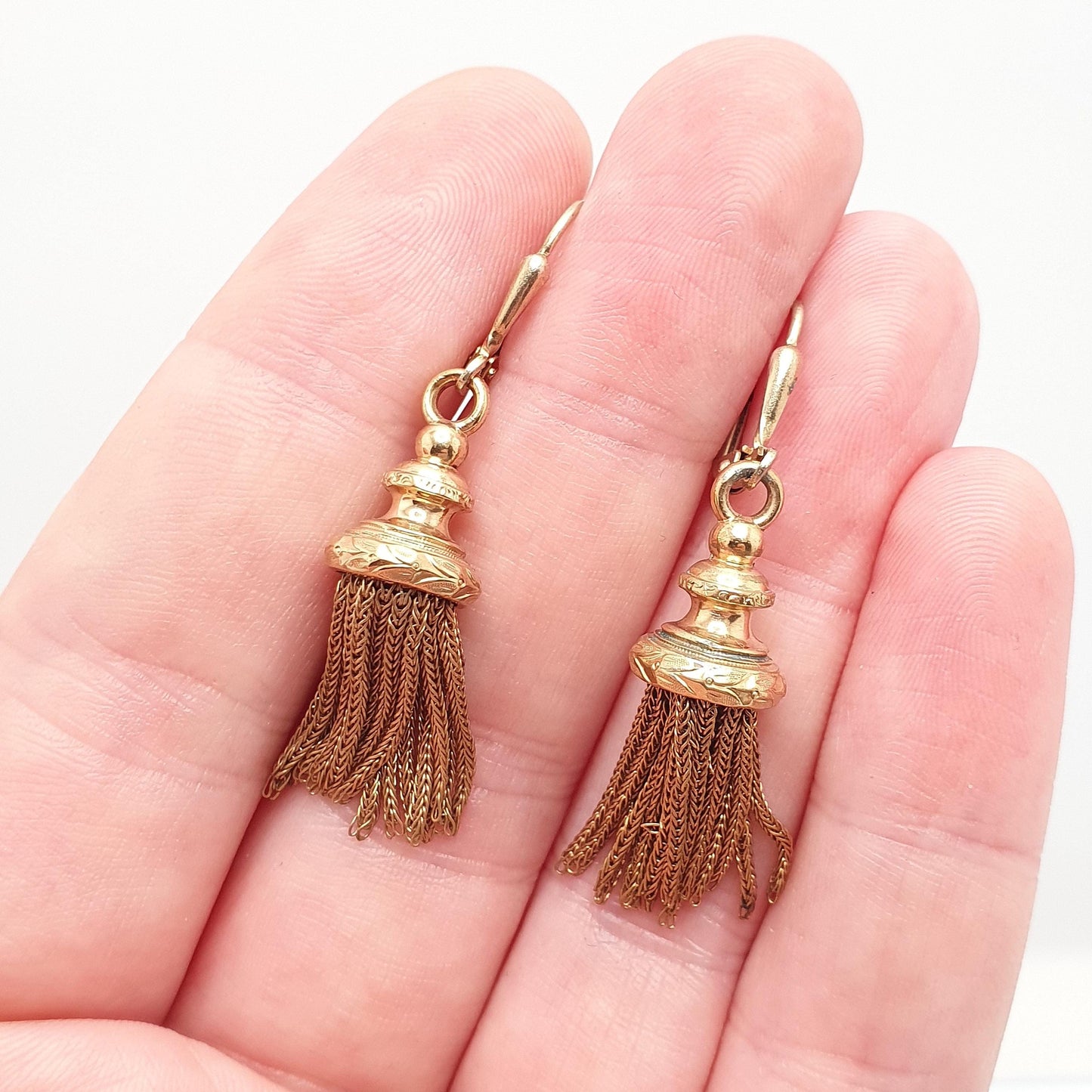 Antique Victorian Rolled Gold Tassel Earrings Albertina Chain Charm Gold Filled Vintage Hook Dangle Drop