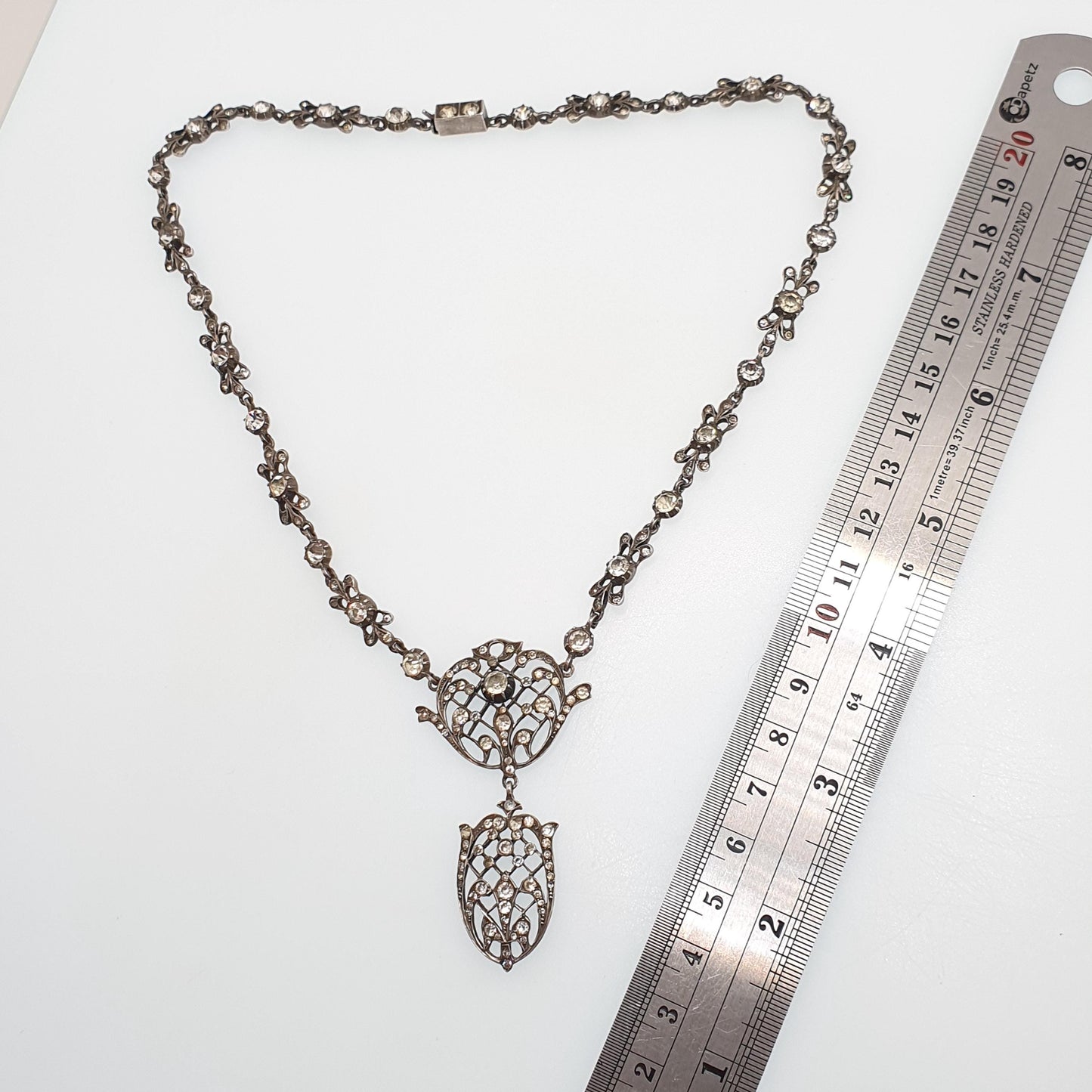 Antique Georgian Solid Silver Paste Necklace Lavaliere Pendant Foiled Pastes Diamond Tone Jewelry Jewellery