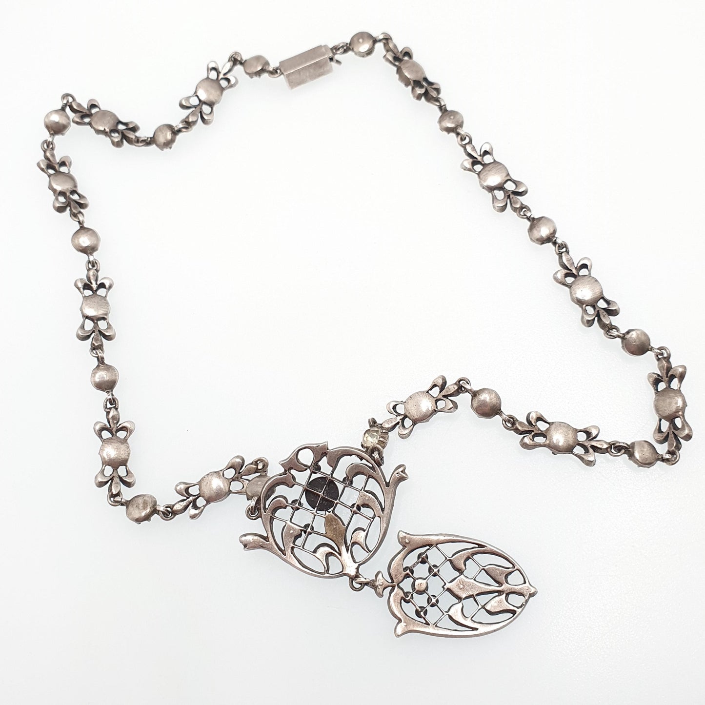 Antique Georgian Solid Silver Paste Necklace Lavaliere Pendant Foiled Pastes Diamond Tone Jewelry Jewellery