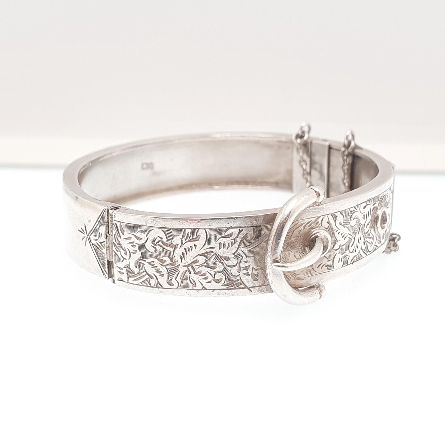 Antique Victorian Sterling Silver Buckle Bracelet Snap Bangle 1882 Hallmark 18.94g Belt Hand Engraved 1800s Vintage Womens