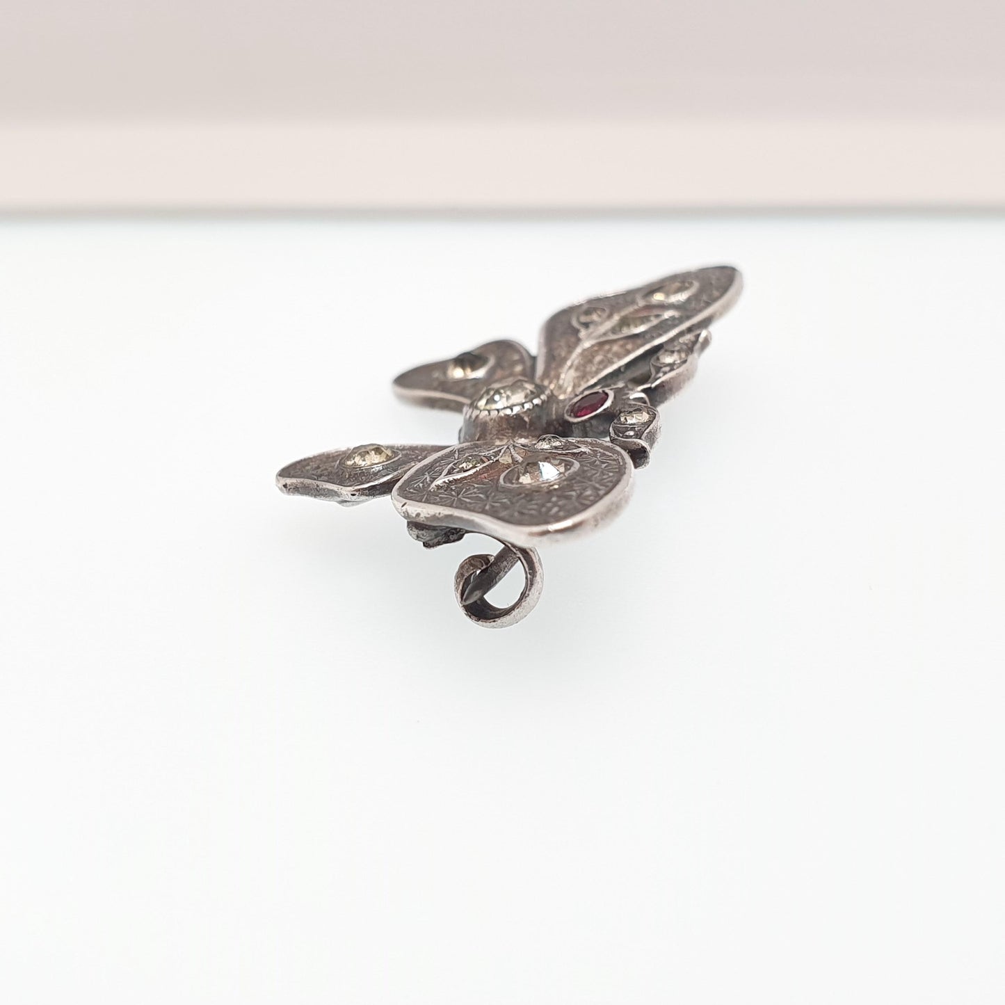 Antique Victorian Solid Silver Butterfly Brooch Diamond Tone & Ruby Tone Paste Eye Insect Bug Handmade 935 Vintage Jewellery Jewelry