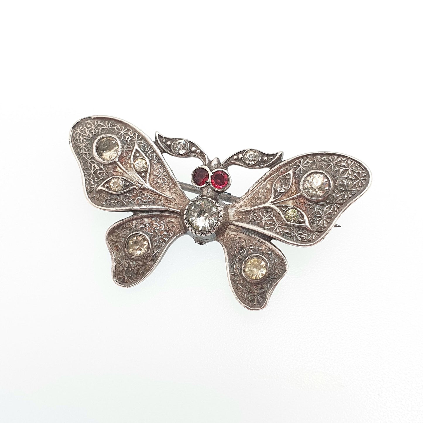 Antique Victorian Solid Silver Butterfly Brooch Diamond Tone & Ruby Tone Paste Eye Insect Bug Handmade 935 Vintage Jewellery Jewelry