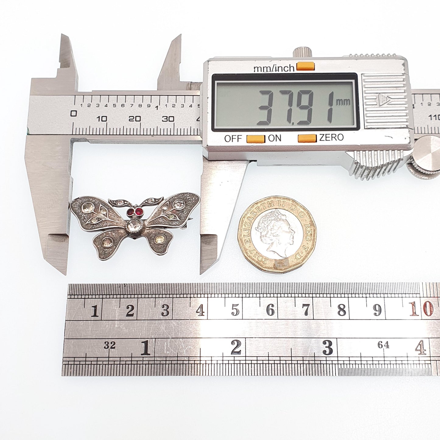 Antique Victorian Solid Silver Butterfly Brooch Diamond Tone & Ruby Tone Paste Eye Insect Bug Handmade 935 Vintage Jewellery Jewelry