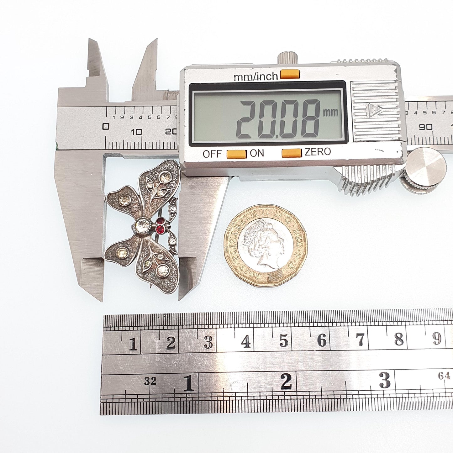 Antique Victorian Solid Silver Butterfly Brooch Diamond Tone & Ruby Tone Paste Eye Insect Bug Handmade 935 Vintage Jewellery Jewelry