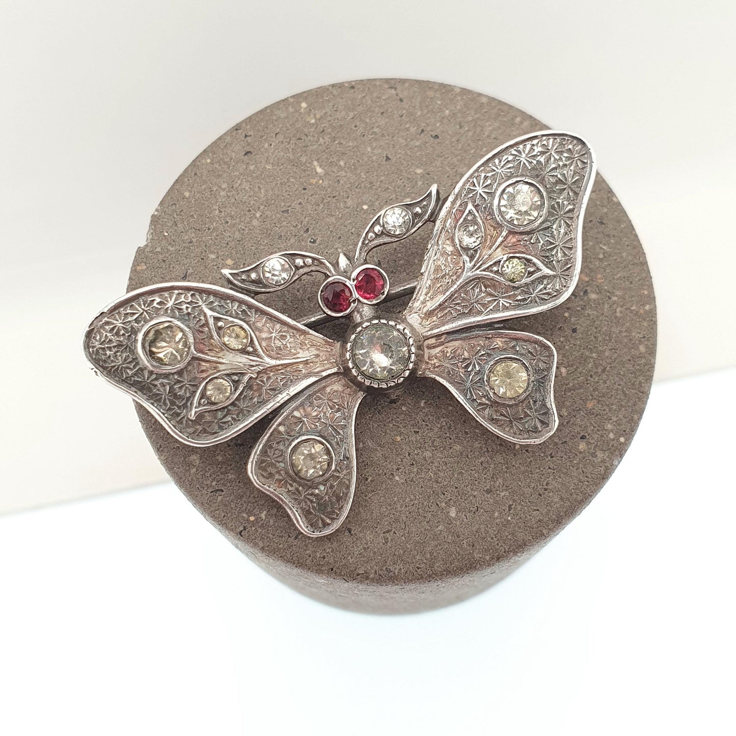 Antique Victorian Solid Silver Butterfly Brooch Diamond Tone & Ruby Tone Paste Eye Insect Bug Handmade 935 Vintage Jewellery Jewelry