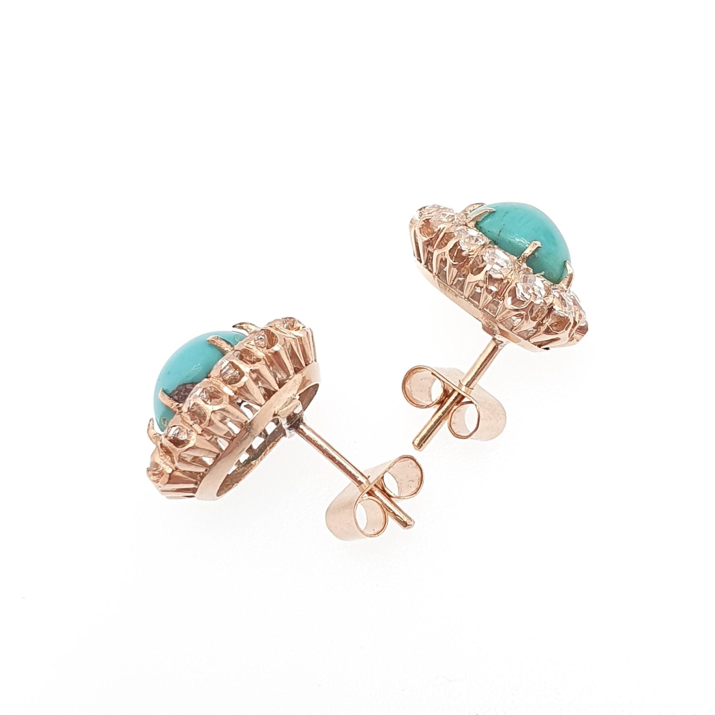 Vintage 10k 10kt Rose Gold Turquoise Earrings White Spinel Cluster Halo Stud Solid 417 Victorian Style Jewelry Womens Jewellery