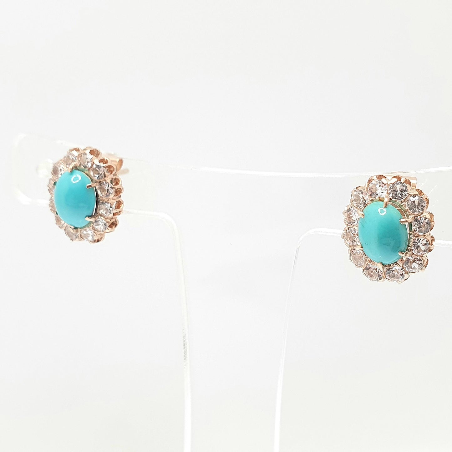 Vintage 10k 10kt Rose Gold Turquoise Earrings White Spinel Cluster Halo Stud Solid 417 Victorian Style Jewelry Womens Jewellery