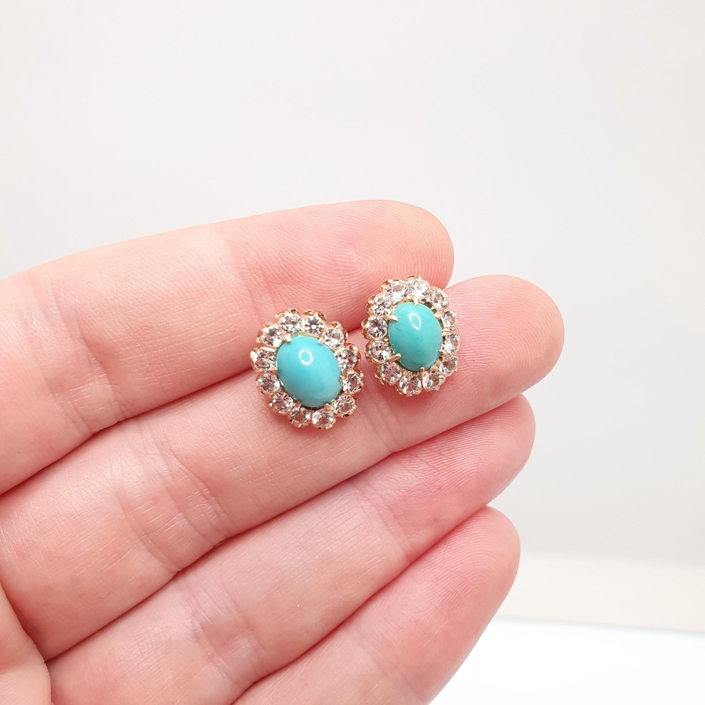 Vintage 10k 10kt Rose Gold Turquoise Earrings White Spinel Cluster Halo Stud Solid 417 Victorian Style Jewelry Womens Jewellery