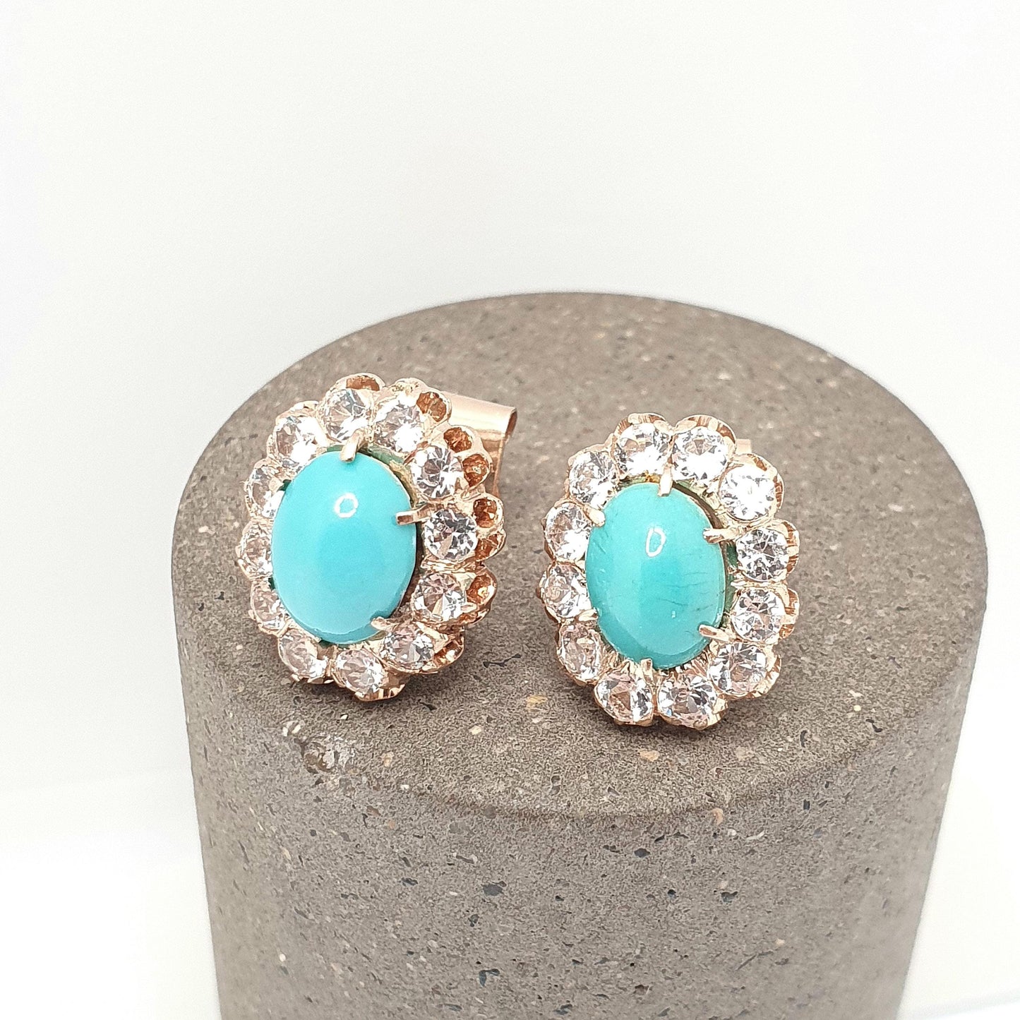 Vintage 10k 10kt Rose Gold Turquoise Earrings White Spinel Cluster Halo Stud Solid 417 Victorian Style Jewelry Womens Jewellery