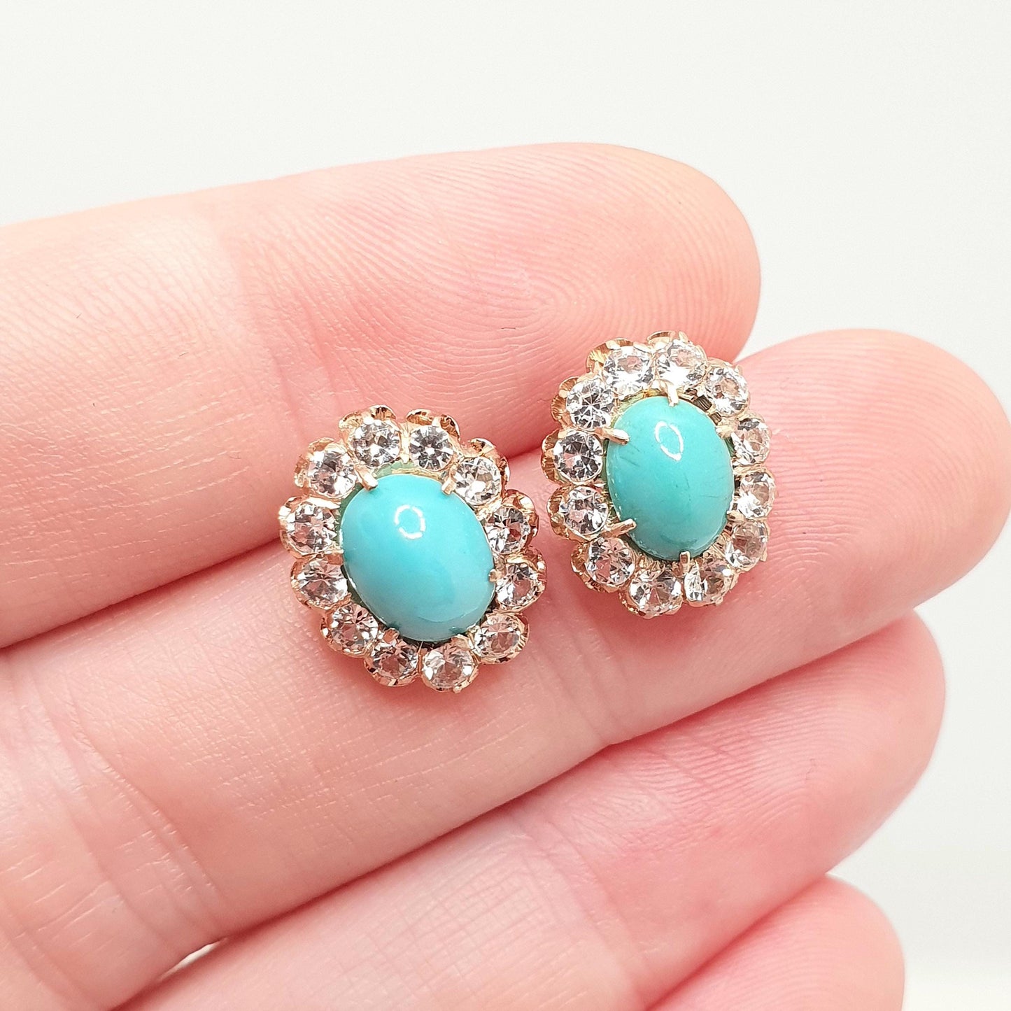 Vintage 10k 10kt Rose Gold Turquoise Earrings White Spinel Cluster Halo Stud Solid 417 Victorian Style Jewelry Womens Jewellery