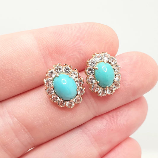 Vintage 10k 10kt Rose Gold Turquoise Earrings White Spinel Cluster Halo Stud Solid 417 Victorian Style Jewelry Womens Jewellery