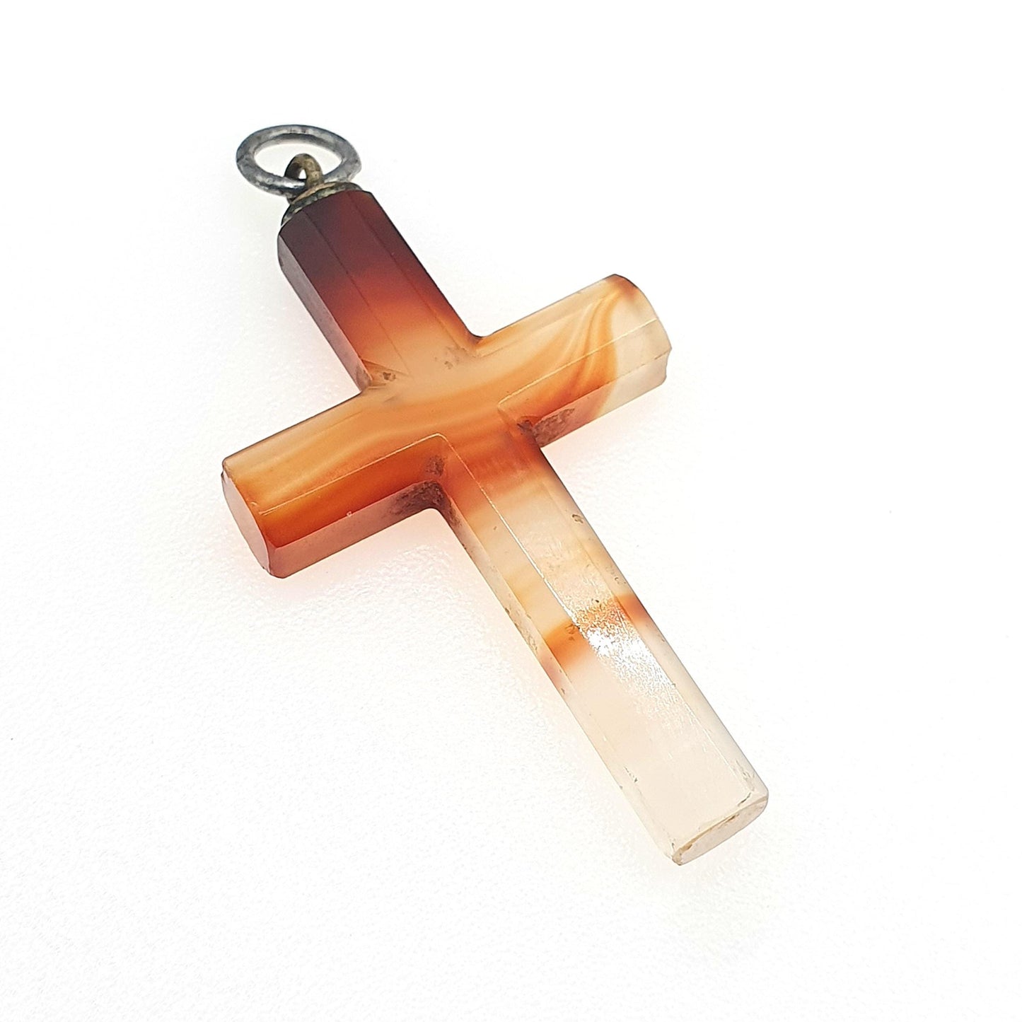 Antique Victorian Banded Agate Cross Crucifix Orange and White Quartz Gemstone Base Metal Women’s Men’s Jewelry Jewellery