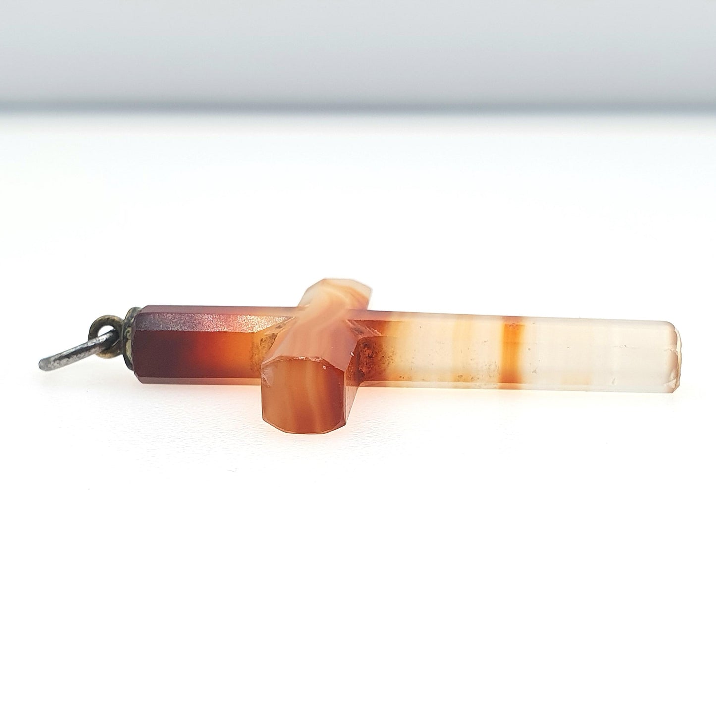 Antique Victorian Banded Agate Cross Crucifix Orange and White Quartz Gemstone Base Metal Women’s Men’s Jewelry Jewellery