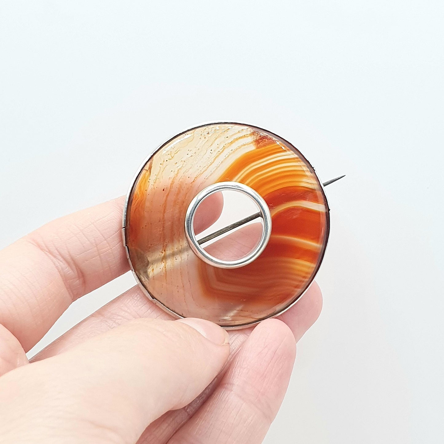 Antique Victorian Banded Agate Solid Silver Brooch Donut Polo Orange White Quartz Large Womens Ladies Jewelry Jewellery