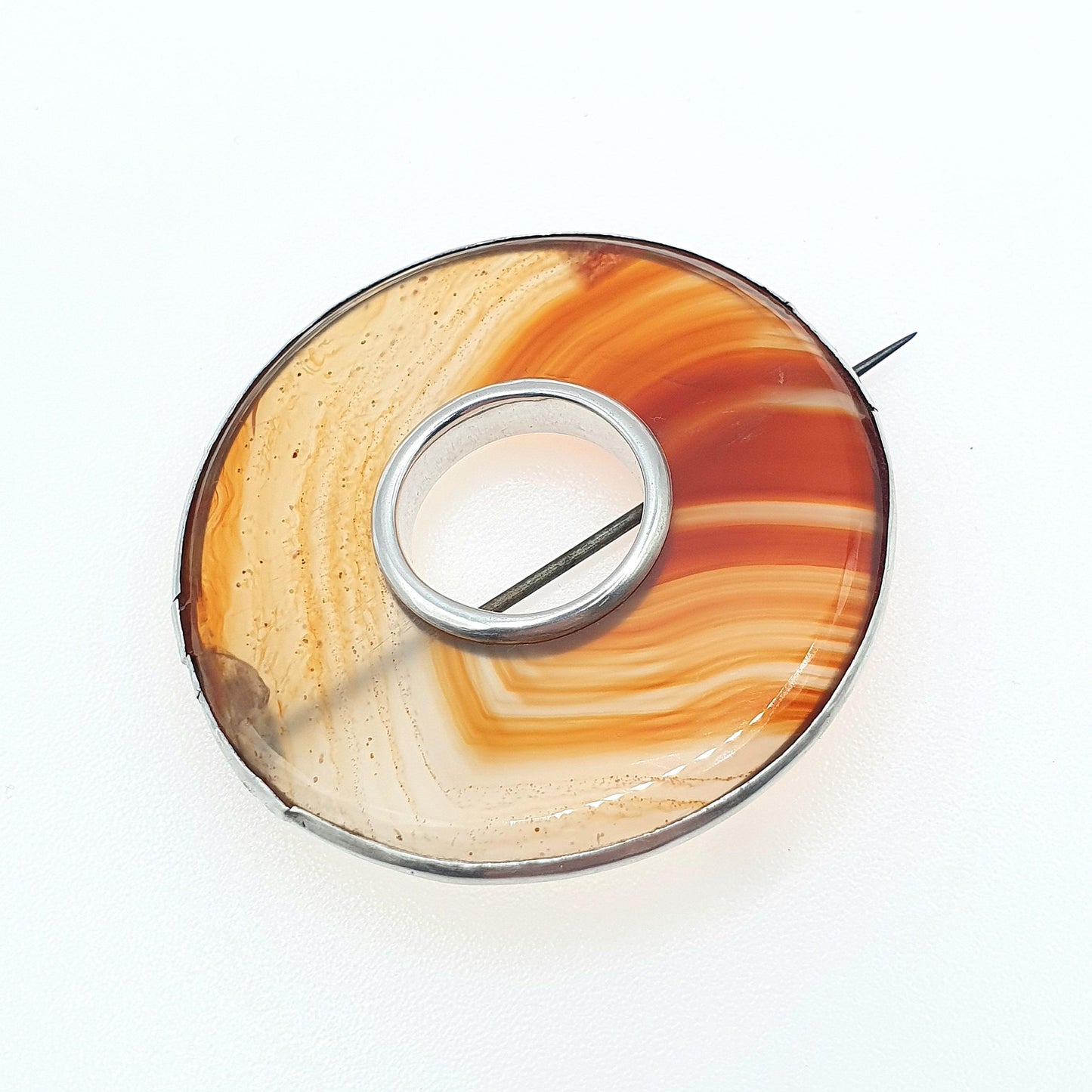 Antique Victorian Banded Agate Solid Silver Brooch Donut Polo Orange White Quartz Large Womens Ladies Jewelry Jewellery