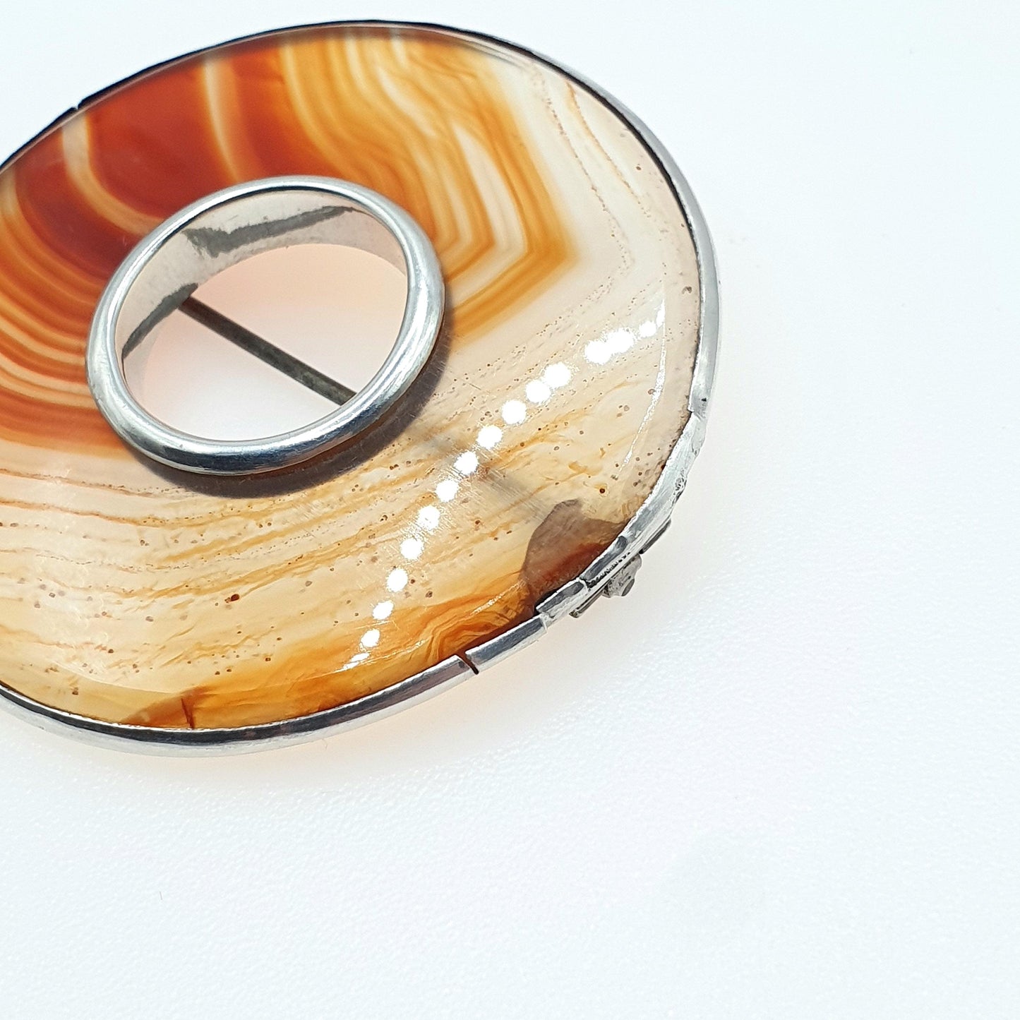 Antique Victorian Banded Agate Solid Silver Brooch Donut Polo Orange White Quartz Large Womens Ladies Jewelry Jewellery