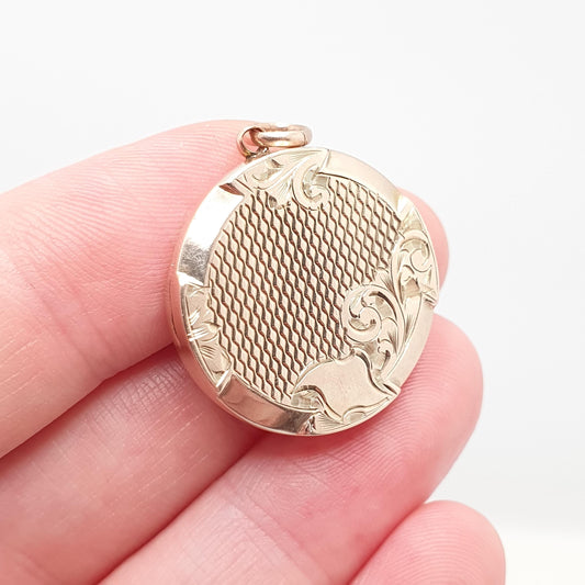 Antique Victorian 9ct Gold Locket Chequered Round Circle Solid 9k 375 Back & Front Pendant Necklace Jewelry Jewellery