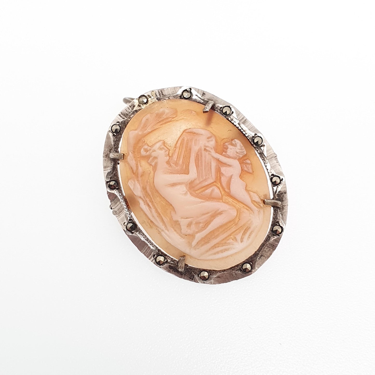 Antique Solid Silver Cherub Lyre Cameo Brooch Pendant Grace Art Deco Shell Hand Carved Necklace Vintage Jewellery Jewelry