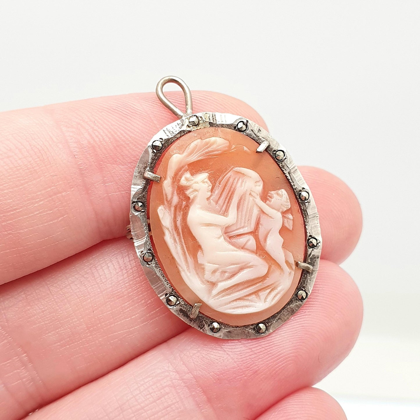 Antique Solid Silver Cherub Lyre Cameo Brooch Pendant Grace Art Deco Shell Hand Carved Necklace Vintage Jewellery Jewelry