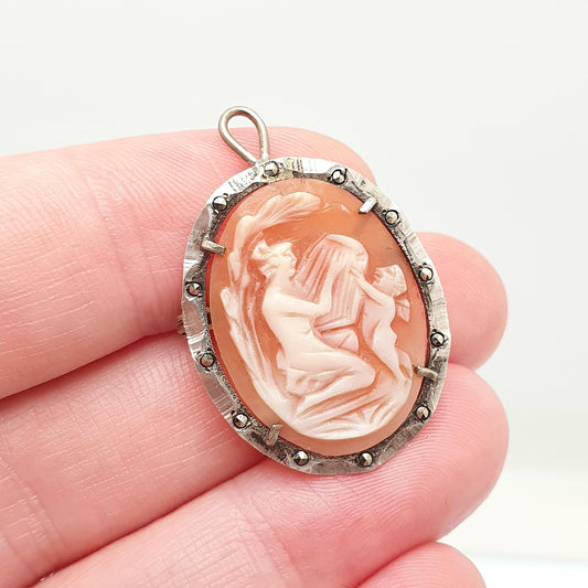 Antique Solid Silver Cherub Lyre Cameo Brooch Pendant Grace Art Deco Shell Hand Carved Necklace Vintage Jewellery Jewelry