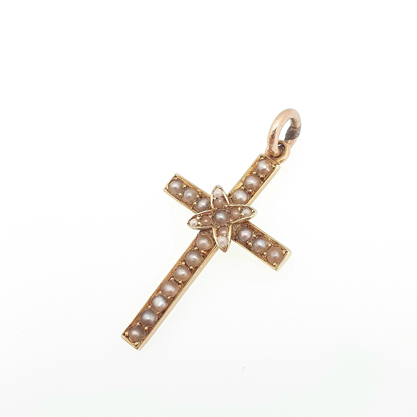 Antique 15ct Gold Crucifix Pendant Victorian Seed Pearl Necklace 15kt 625 Yellow Engraved 1800s Vintage Jewellery Jewelry